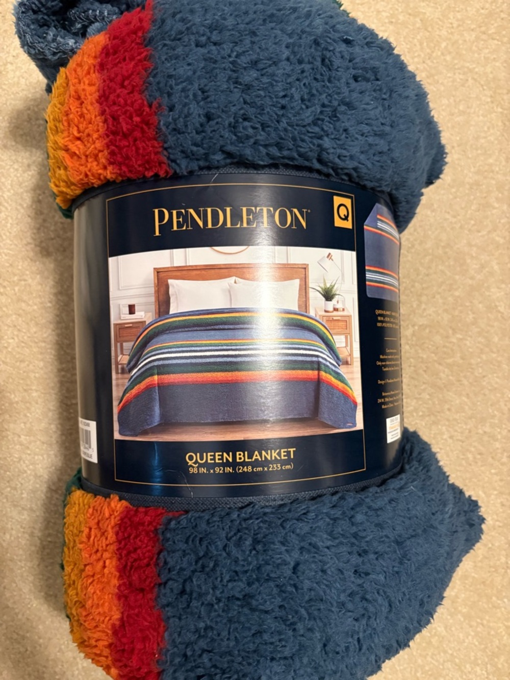 Pendleton Navy Blanket with Red, Orange and Yellow Stripes